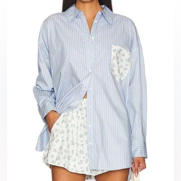 $149 NWT Blue For Love And Lemons “Tamren” Striped Sleep Shirt Sz Small - Picture 1 of 8